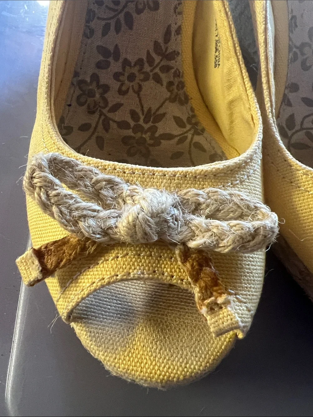 Yellow Slingback Peep-Toe Flats with Rope Bow Accent
